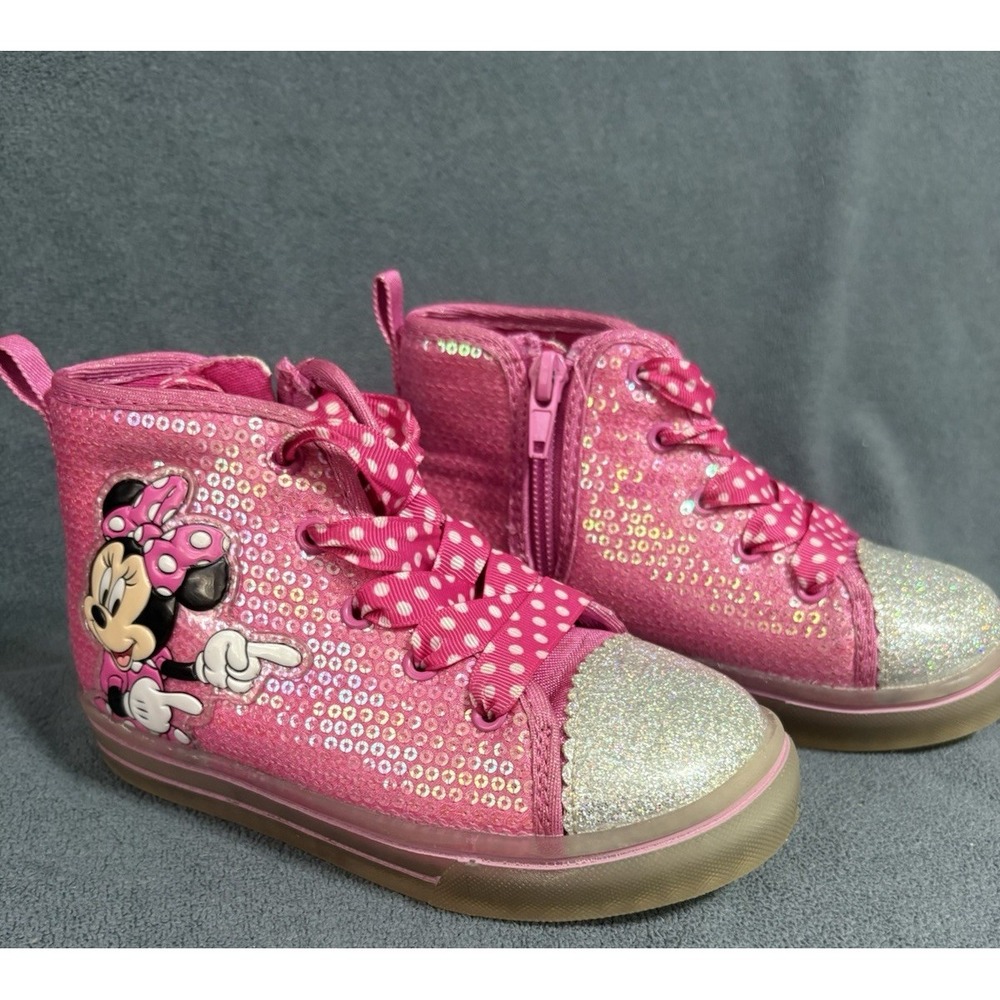 Disney Minnie Mouse High Top Light Up Size 9 Toddler  Zip Lace Up Sequin Pink